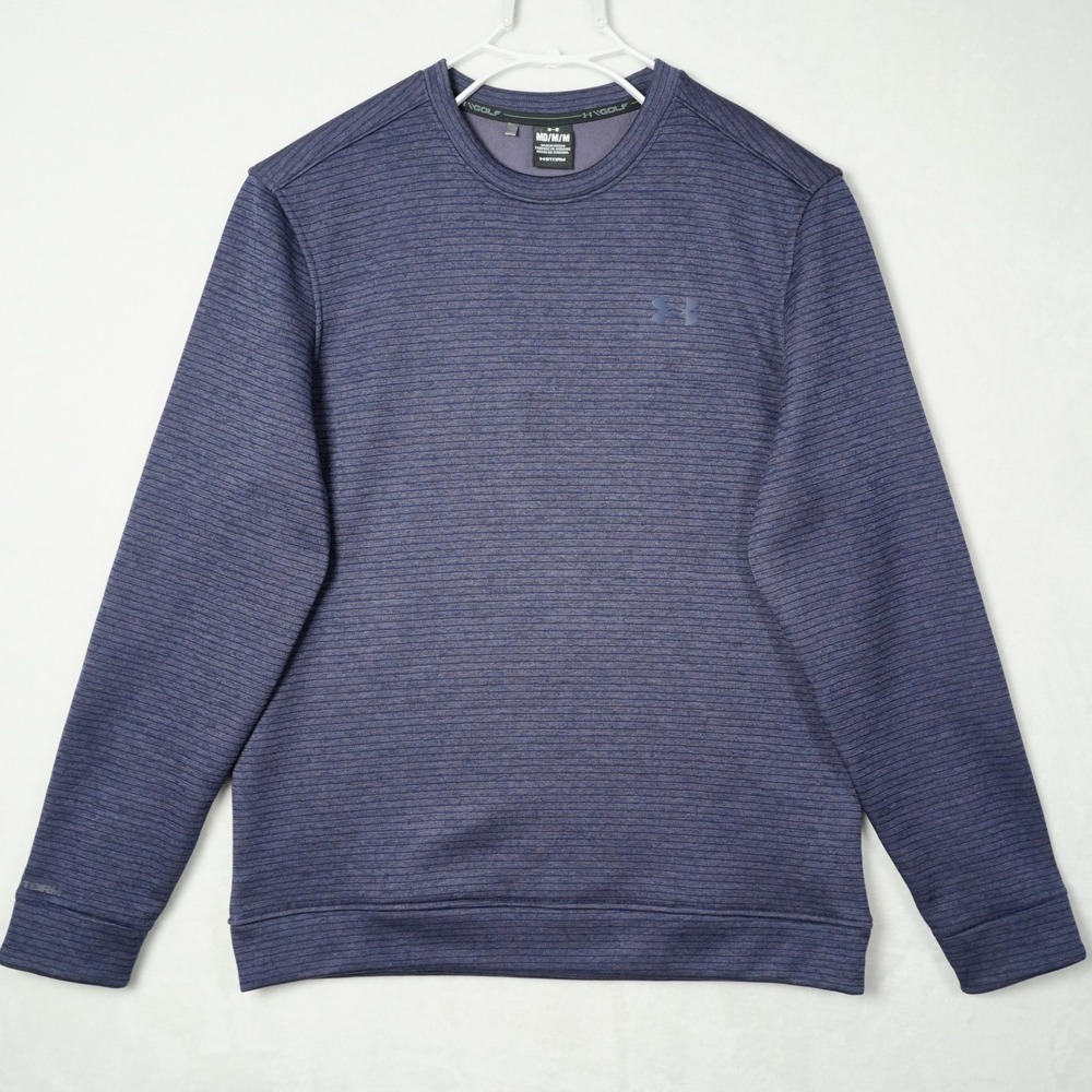 Under Armour Golf Storm Sweater Mens Medium Blue Striped Crewneck Fleece Lined